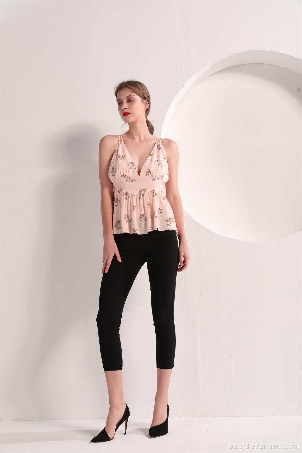 Top con estampado floral y escote en V de color rosa para mujer