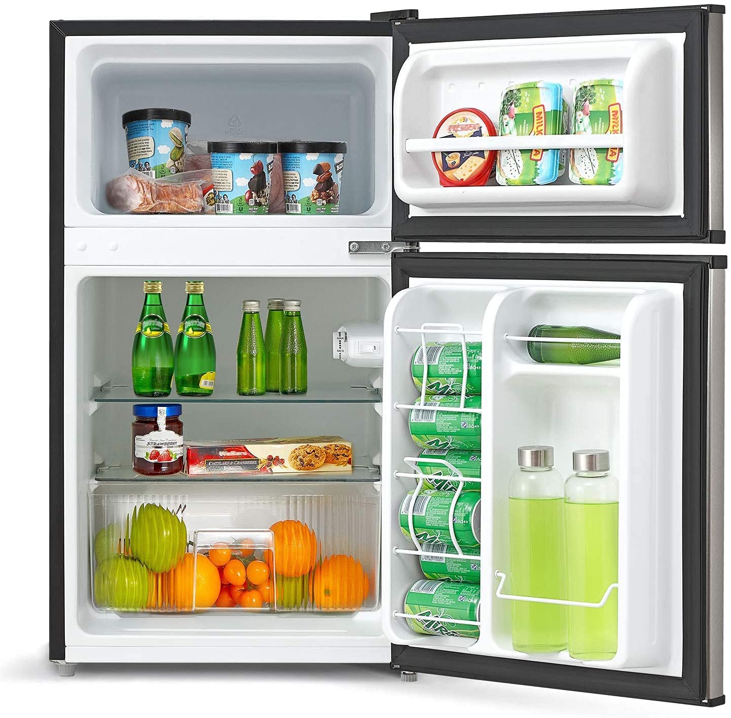 Megmeet Adjustable Temperature Ranges Compact Refrigerator Stainless Steel with easy-to-clean interior