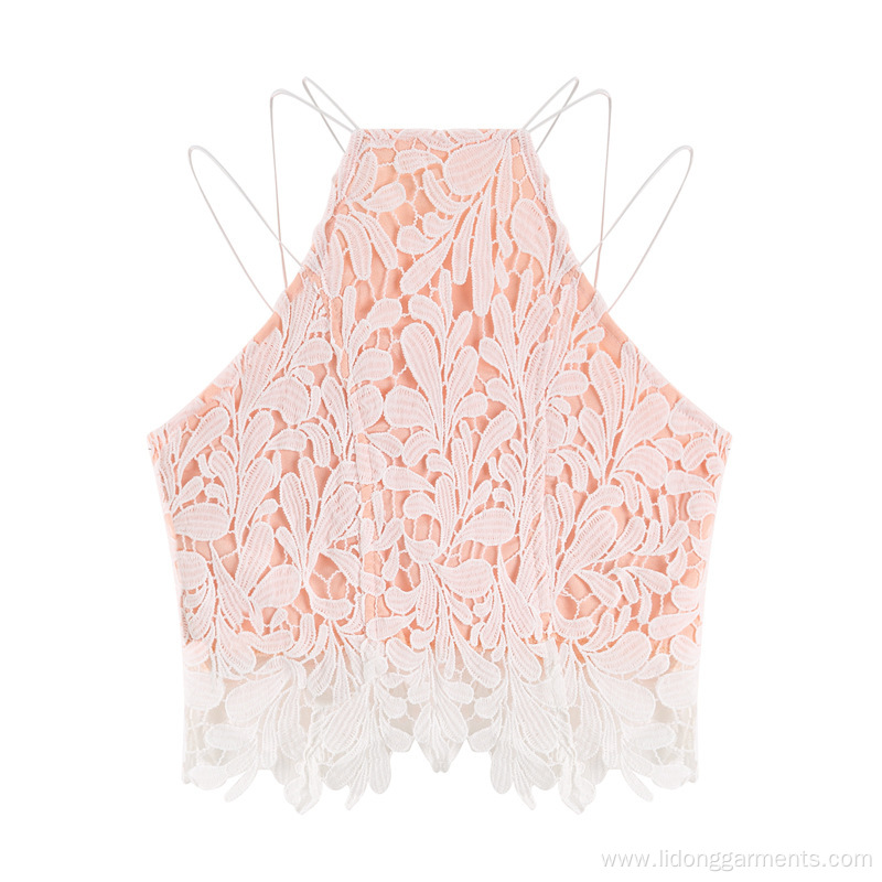 Sleeveless Hollow Out Lace Embroidery Crop Vest