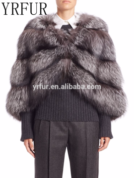 YR955 Genuine Silver Fox Fur Poncho Horizontal Fox Fur Cape