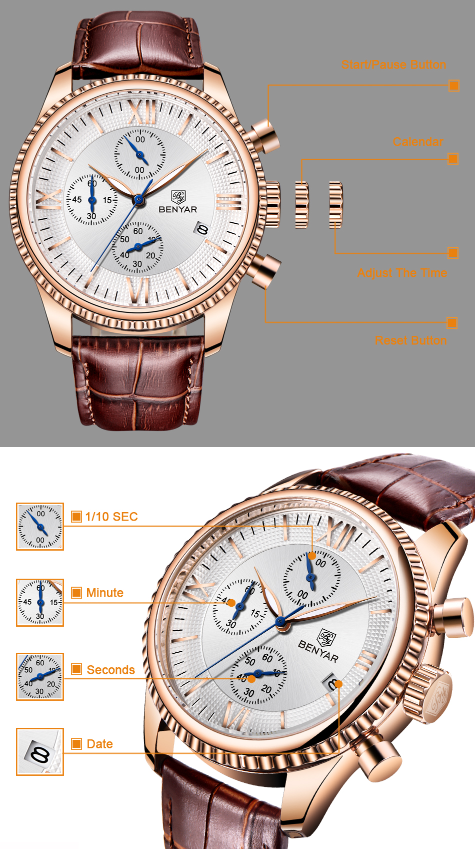 Top Luxury Brand Benyar watches mens wristwatch Fashion Sports Quartz Waterproof Leather Men Business Watch Relogio Masculino