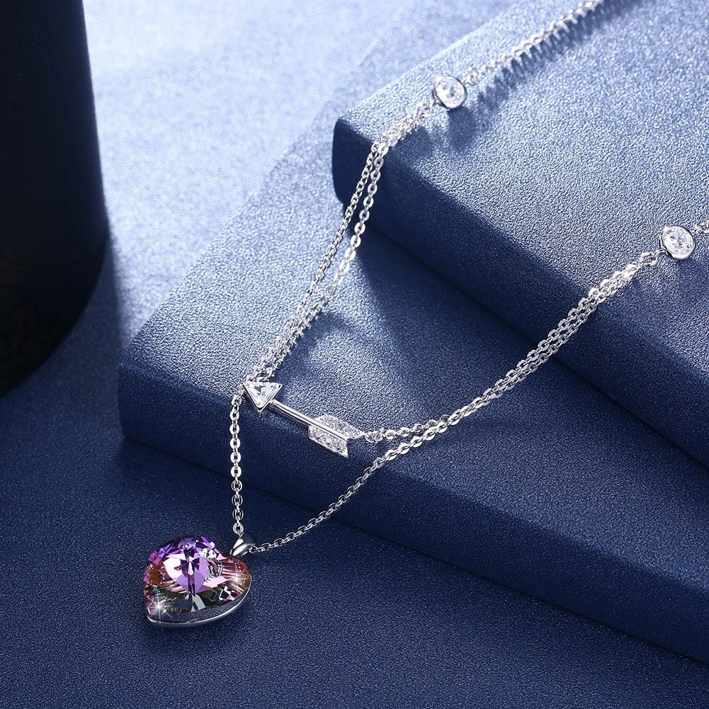 Latest Design New Fashion Necklace Jewelry Statement Gift Elegant Crystal Colorful 925 Sterling Silver Heart Simple Necklace