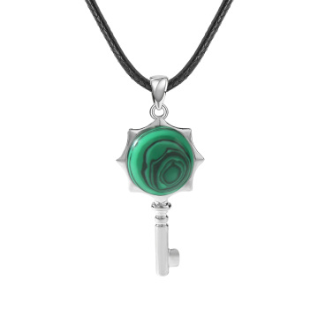 Malachite Round Cabs Silver Alloy Key Pendant Necklace 45cm Black Cord
