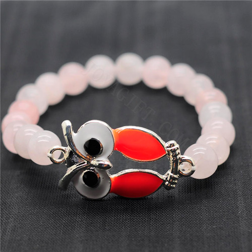 Pulsera de piedras preciosas elástica y cuentas redondas de cuarzo rosa 8 mm con pieza de aleación de búho