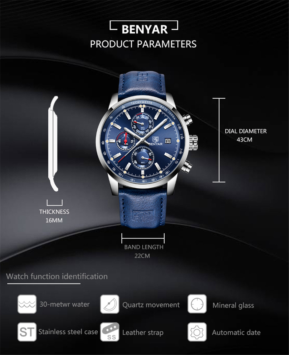 BENYAR 5102M Men Watch Chronograph Wristwatches Blue Fashion Design Sports Quartz Watches Leather Relogio Masculino