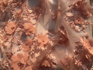 3D pink lace flower pearl handwork embroidery fabric