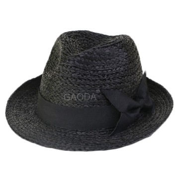 Black straw hat bowknot raffia fedora hat summer
