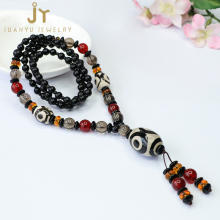 Three Eyes Dzi Agate & Black Chalcedony Beaded Necklace: A Unique Gemstone Jewelry Accessory