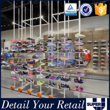 2016 shoe retail shop design metal tube wall display shelf shoes display wall for sport shoes