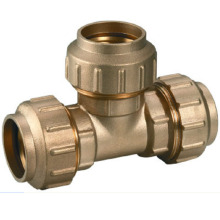 Brass Tee Fitting with 3 Connector Sockets for PE Pipe