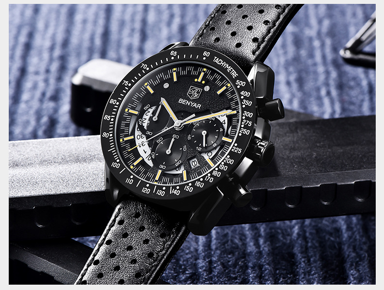 BENYAR Watch Luxury Brand Wristwatch Casual Fashion Men Quartz Watch Chronograph Luxury Military Leather Watch Relogio Masculino