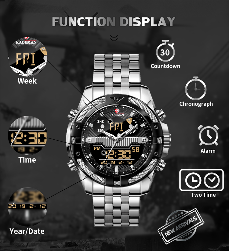 Kademan 9076 Dual Display Man Watch Steel Waterp Proof Chrono Sport Analog Watches Digital Men