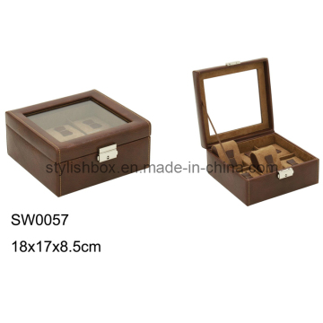 6PCS Clear Window Brown PU Wach Box (SW0057)