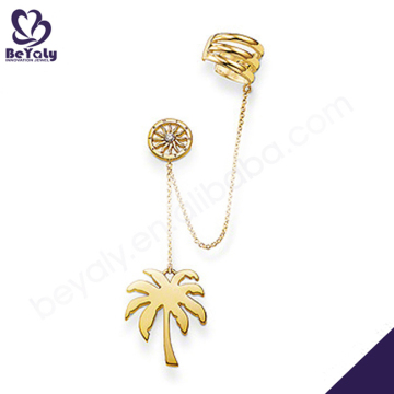 Gold plated cz long chain tree design ear cuff