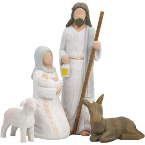 Maria hält Jesuskind, Esel, Esel und ein Lamm