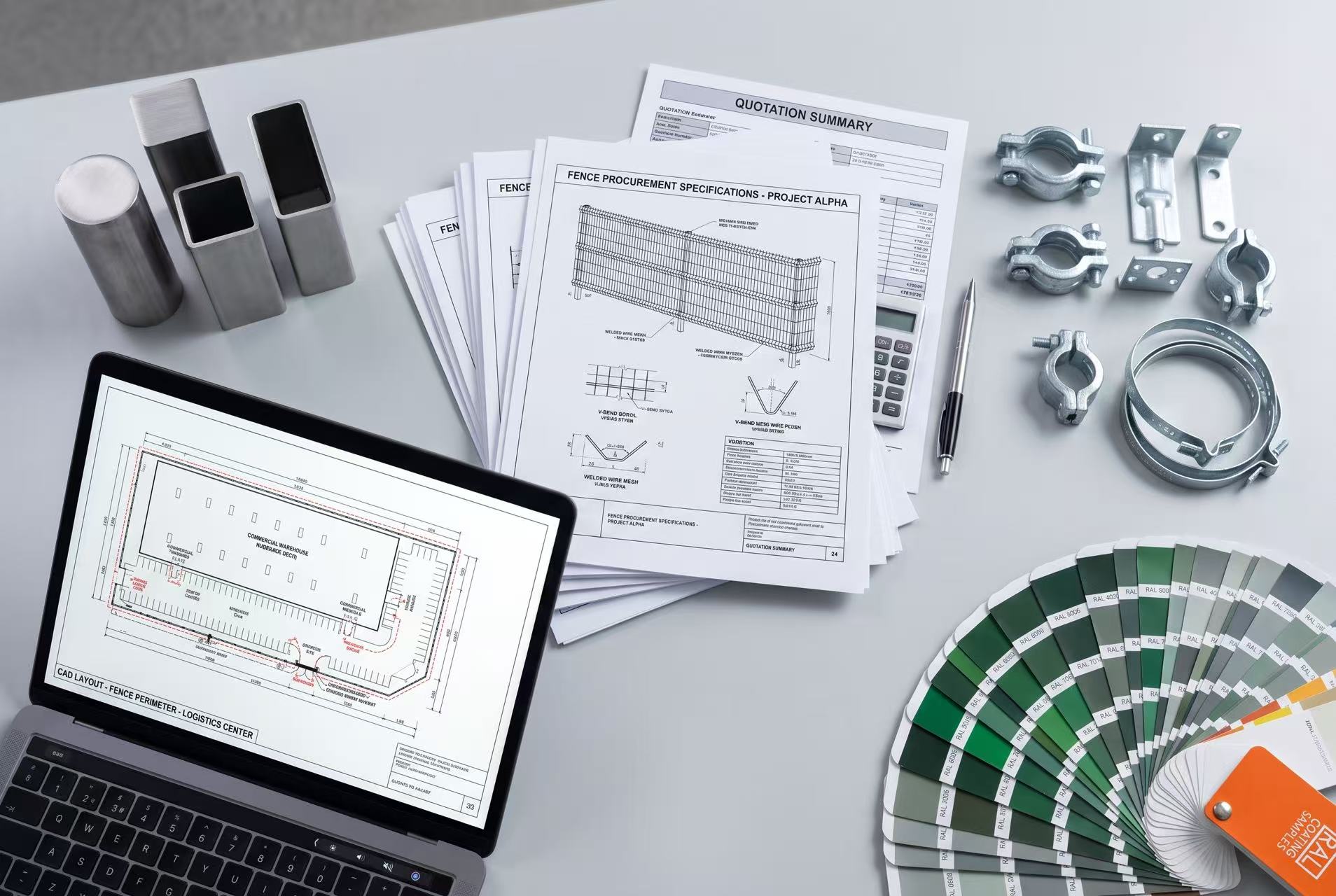 Lista kontrolna wyceny systemów ogrodzeń - Grupa ANJIA Complete fence system quote checklist with specification sheets coating samples and hardware arranged for procurement review