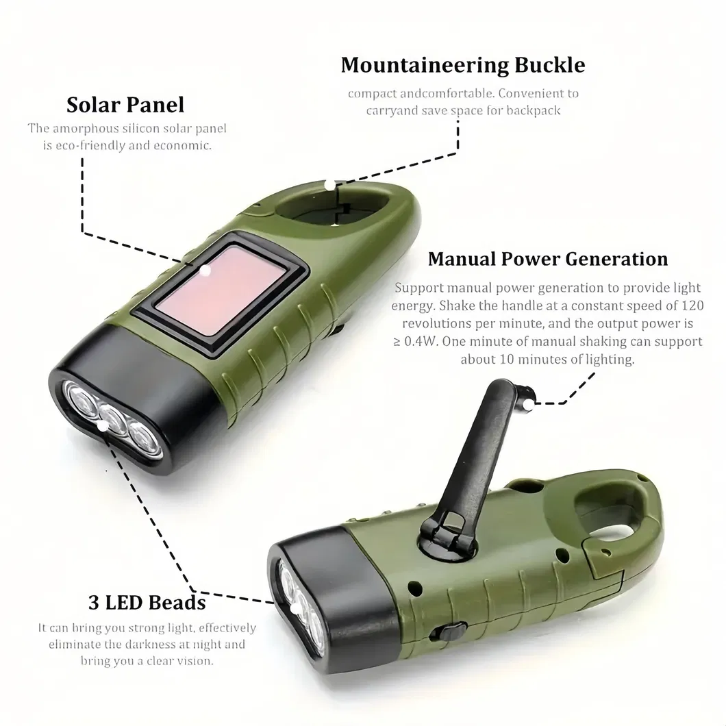 Outdoor Solar-Powered LED Flashlight with Hand-Crank Charging System