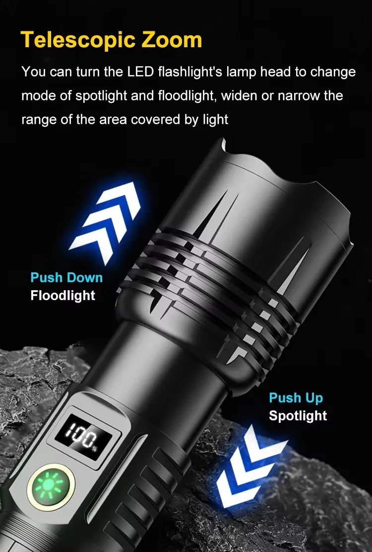 High Power Zoom, Strong Light Digital Display Multifunctional, Multi Level Adjustable Flashlight