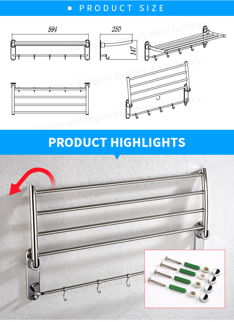 Luxury Wall Mounted SUS 304 Stainless Steel Chromed 24 Inch Shining Bath Towel Rack Rail Bar Holder Storage Shelf