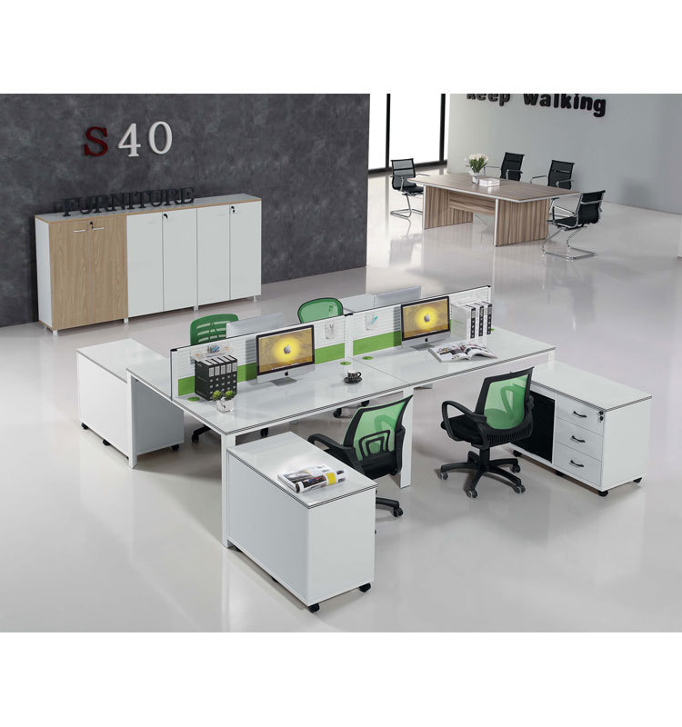 White Melamine Office Desk Workstation with Long Side Cabinet