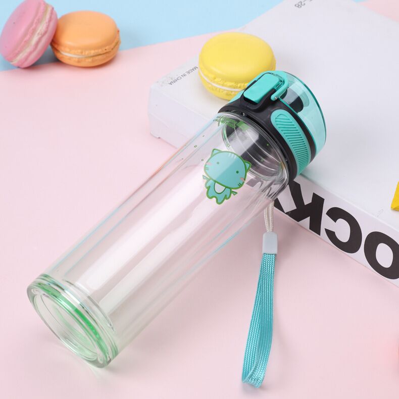 300ml Double Wall Glass Water Frosted Bottle Kids with Flip Top Lid