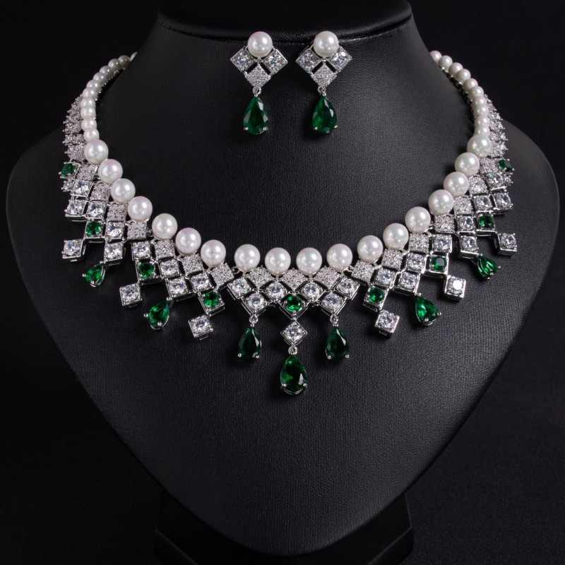 Pearl Teardrop Fringe Bridal CZ Jewelry Set