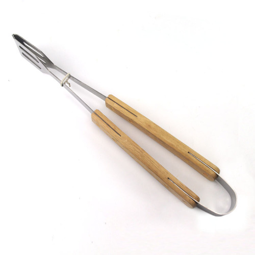 Stainless steel bbq tongs with rubber wood handle
