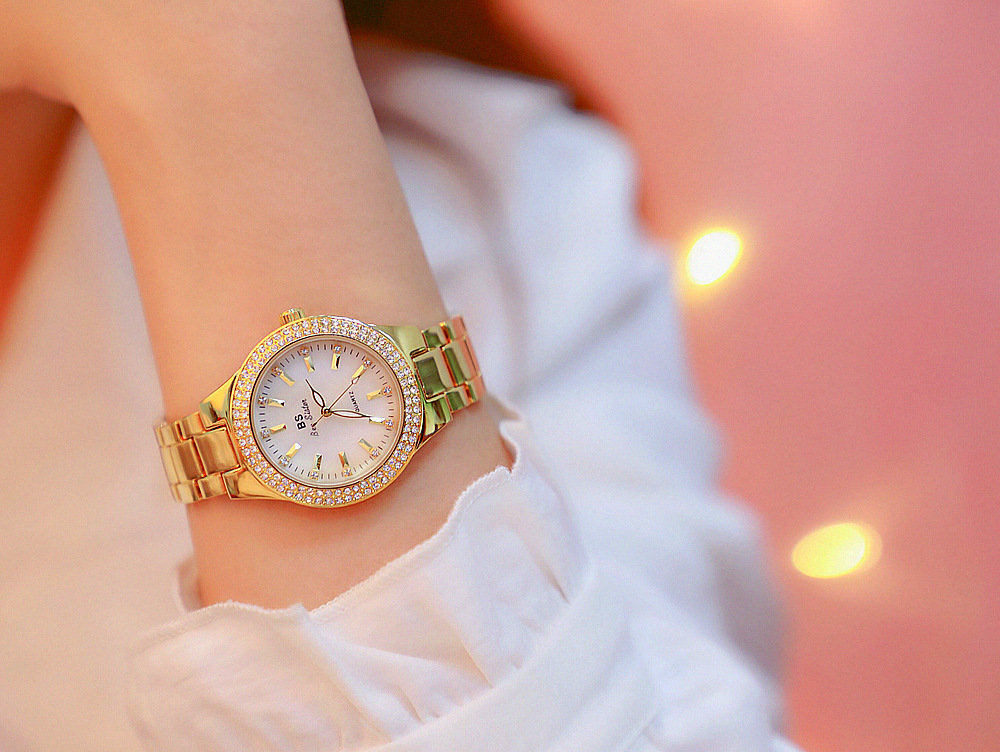 BS Watch 1258 Ladies Top Brand Luxury Wrist Watches Dress Gold Women Crystal Diamond Stainless Steel Watch