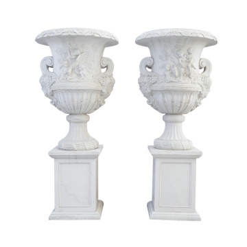 Carved White Marble Floral Urn Planter Indoor Outdoor
