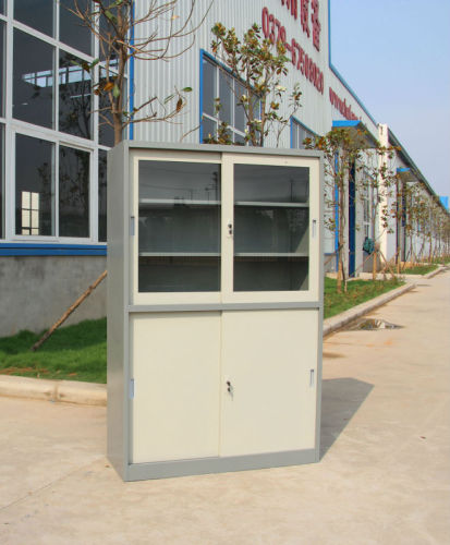 Display bookcase with sliding glass door