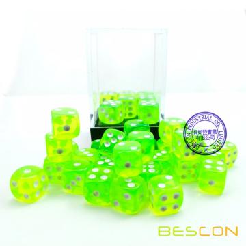 Bescon 12mm 6 Sided Dice 36 in Brick Box, 12mm Sechs Sided Die (36) Block of Dice, Translucent Lime Green mit weißen Pips