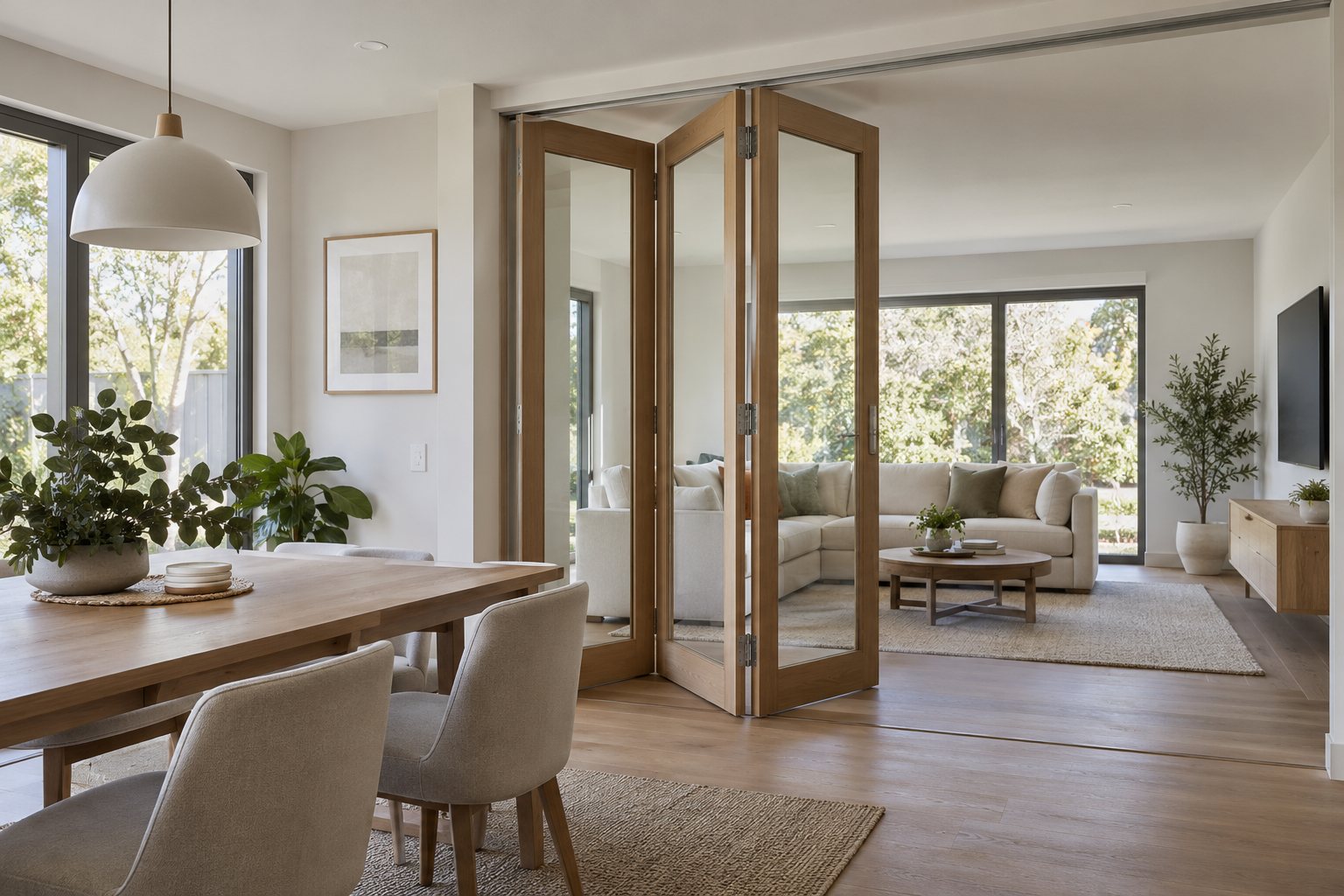 Illustrative internal bifold room divider, not a Doors Plus or Forge product Unbranded glazed bifold room divider between dining and living areas in an Australian home