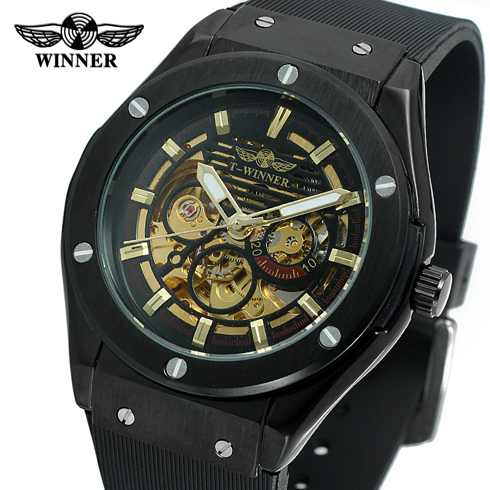 WINNER Luxury Brand Watches Mens Mechanical Watches Rubber Watch Band Male Automatic Skeleton Luminous Sport Wristwatch