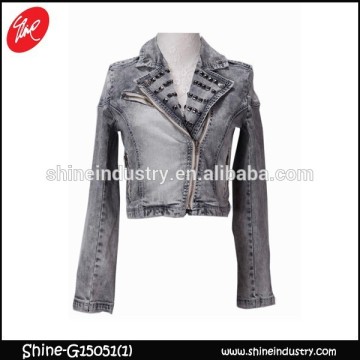 2015 new style clinch zipper denim jacket for lady