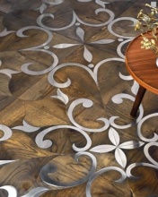 Features unique design metal flower inlay solid wood parquet flooring