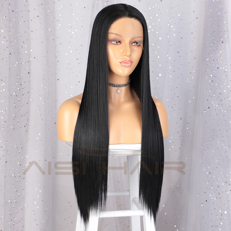 Aisi Hair New Design Long Silky Straight Black Wig Middle Part Swiss Lace Wig Synthetic Hair Lace Frontal Wigs For Black Women