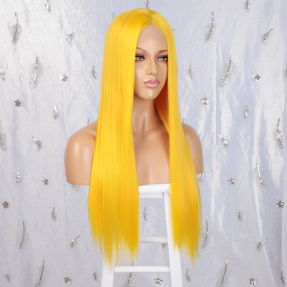 Vigorous Lace Front Wigs for Women Yellow Synthetic Long Straight Wigs Heat Resistant Middle Part Fiber Natural Looking