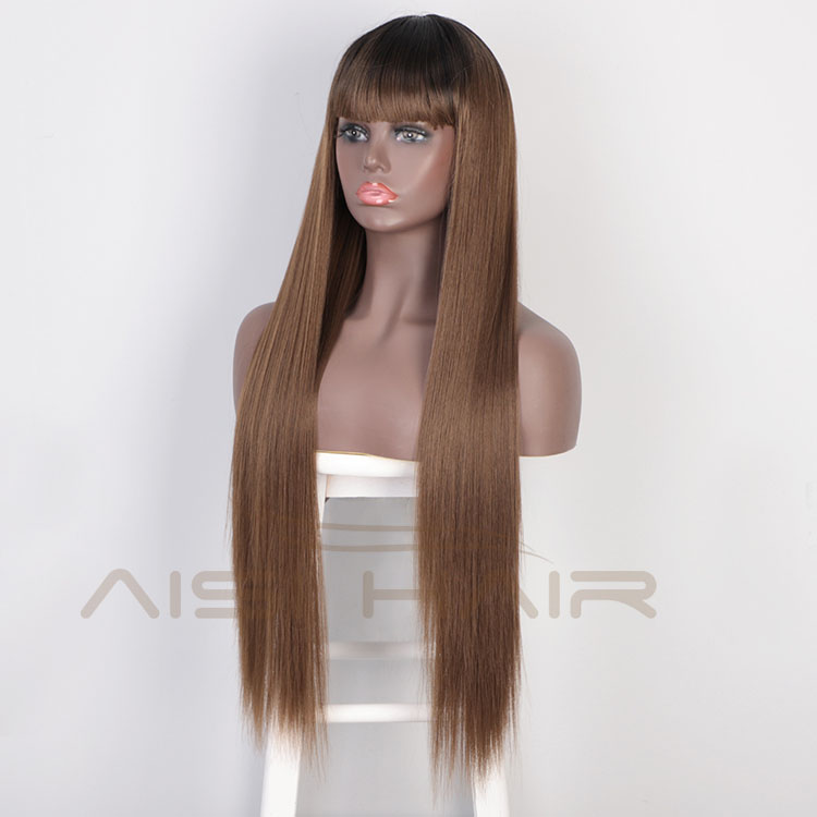 Aisi Hair Cheap Wholesale Vendor Long Straight Natural Wave Ombre Brown Wig With Bangs For Black Women Synthetic Hair Wigs