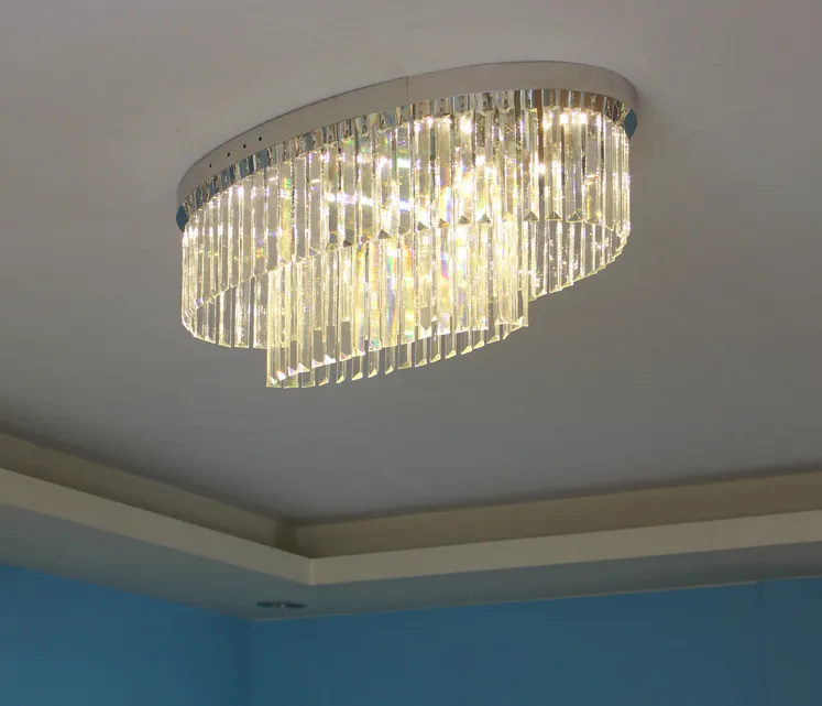 Oval Ceiling Crystal Lamp, Living Room Lamprectangular Double-Layer Lamp