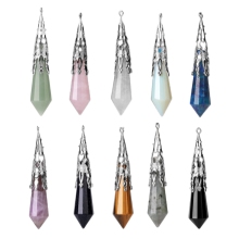 Natural Stone Single Point 12 Sides Prism Silver Pendulum Pendant with Chain Gemstone Point Charm Pendant For DIY Jewelry Making