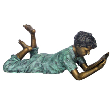 life size antique bronze boy reading book sculpture