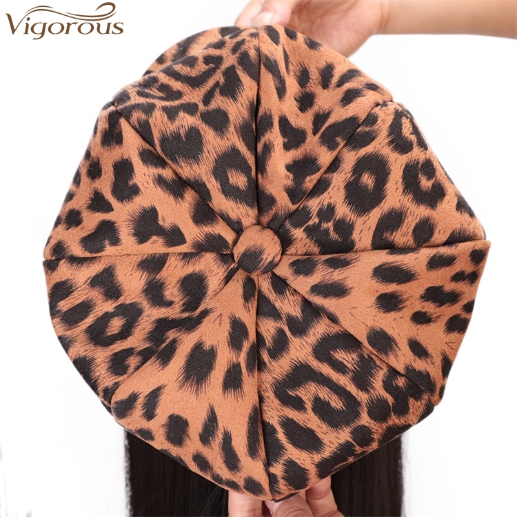 Vigorous Black Synthetic Fiber Wig With Orange Leopard Hat For Women Straight Heat Resistant Glueless Hair Wigs