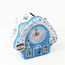 Xmas tree shaped tin can with clock