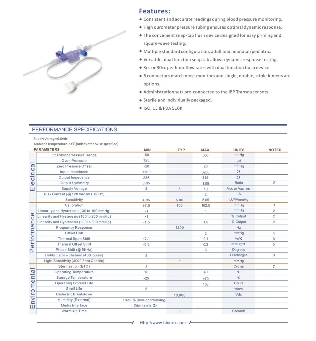 Medical Instrument China Factory Dbpt-0203 Hisern Medical Disposable Blood Pressure Transducer