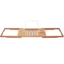 BAMBOO ADJUSTABLE BATHTUB CADDY WITH EXPANDABLE STAINLESS STEEL STENTS