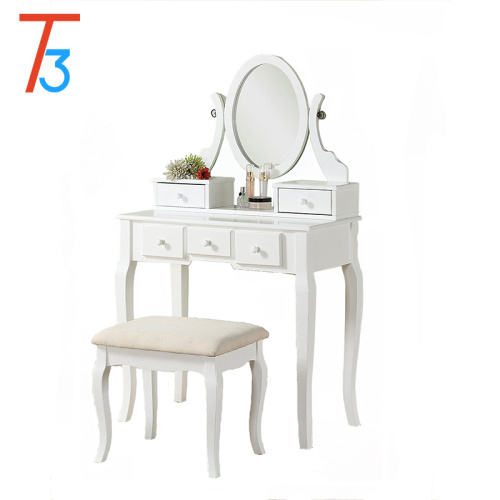 White Wooden Mirror Makeup Desk With Drawer