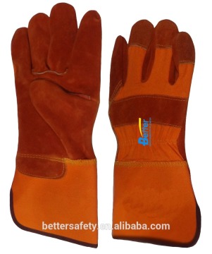High Quality Orange Cotton Back Rust Red Cow Split Leather Glove