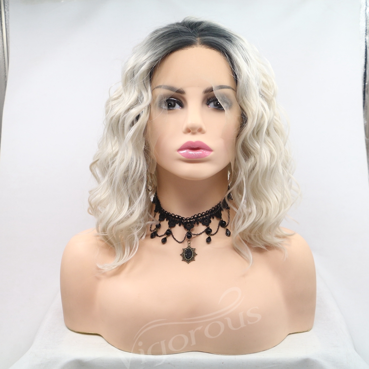 Short Ombre White Bob Body Wave Premium High Quality Curly Wholesale Women's Pixie Cut Synthetic Hair Wigs With 13x3 Lace Front