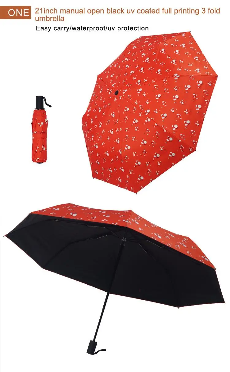 Flower Full Printing China Portable Small Umbrella Ladies Umbrella 3 Fold Umbrella