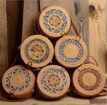 Handwoven Natural Rattan Round Leather Beach Vintage Bag